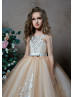 Beaded Ivory Lace Cappuccino Tulle Keyhole Back Flower Girl Dress